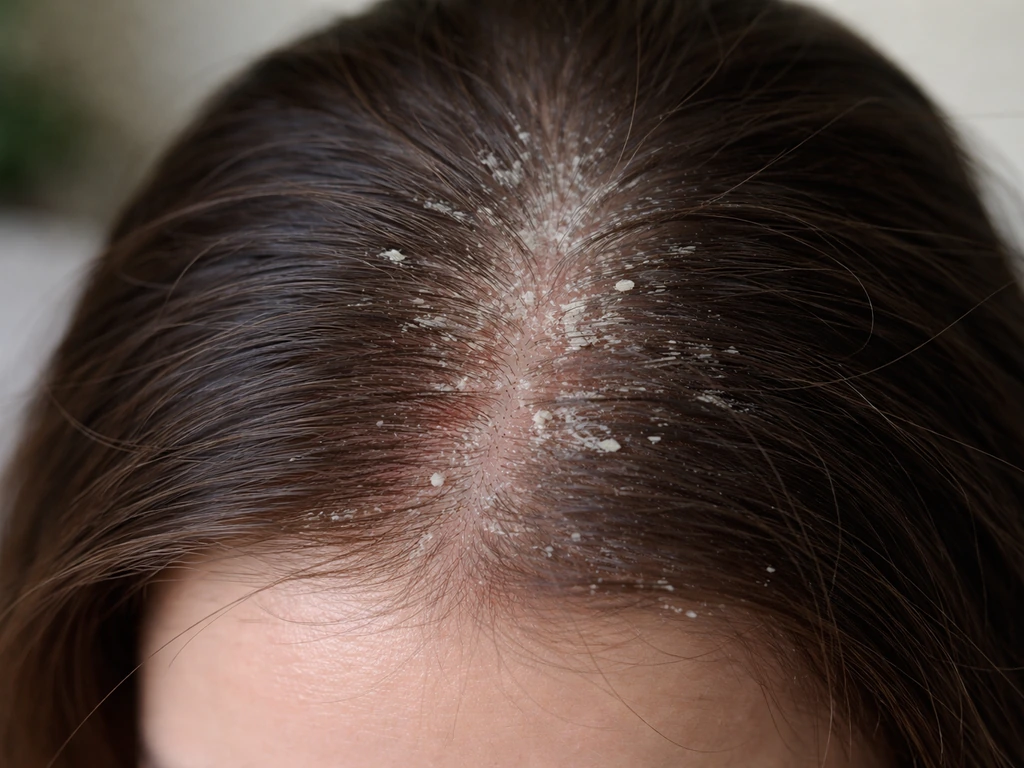 Close-up of an irritated, flaky scalp with visible dry flakes and slight oily shine.