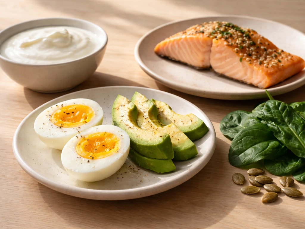 Plate of protein-rich foods with eggs, Greek yogurt, salmon, and leafy greens on a wooden table
