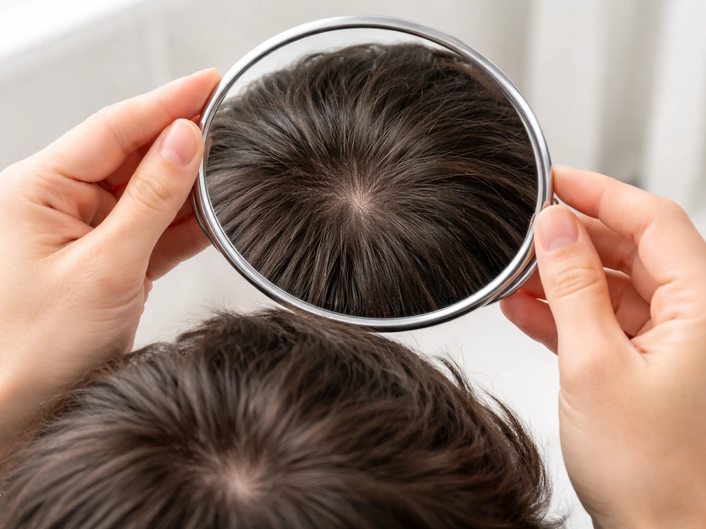 Hands hold a small hand mirror to inspect a hair flow cowlick/whorl area in bright bathroom light.
