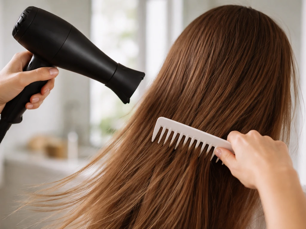 Hands using a comb to smooth hair in one direction while a blow dryer concentrator sets the lay.