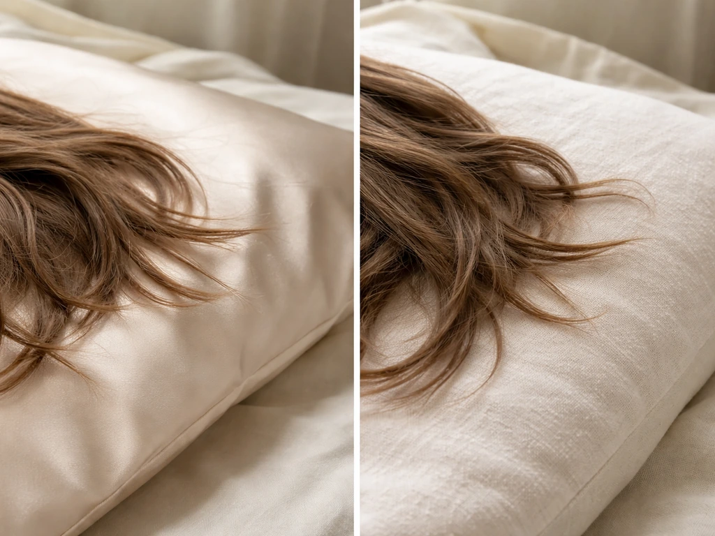 Close-up of hair ends on satin/silk vs rough cotton pillowcase, showing less snagging on satin