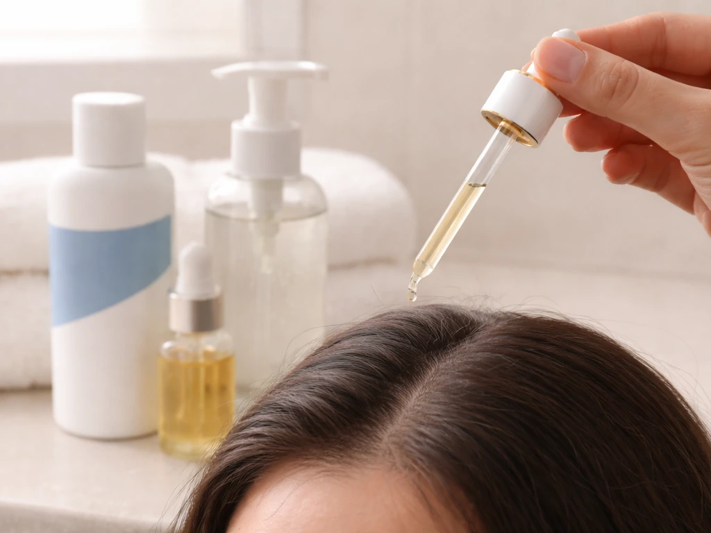 Skincare items laid out for scalp care, with a close hand applying serum to a clean scalp