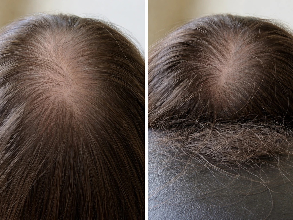 Minimal split-style photo showing two hair-loss scenarios at the crown: gradual thinning vs sudden shedding
