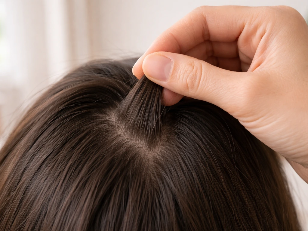 Close-up of fingers gripping a small crown hair section and sliding along the hair shaft gently.