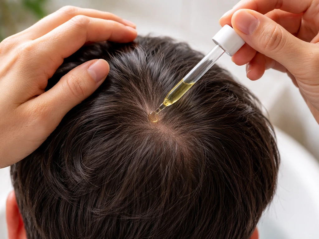 Two hands gently applying rosemary oil to the crown scalp with a dropper, clean bathroom lighting