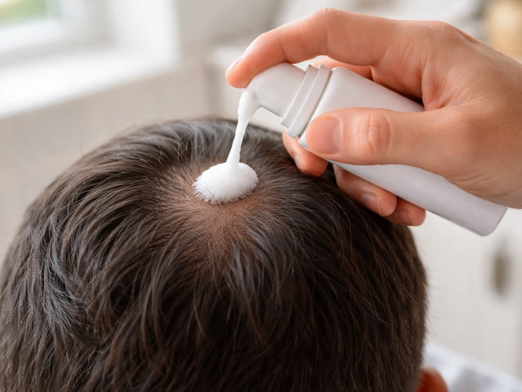 Close-up of an anonymous hand applying minoxidil foam to the crown of a scalp.