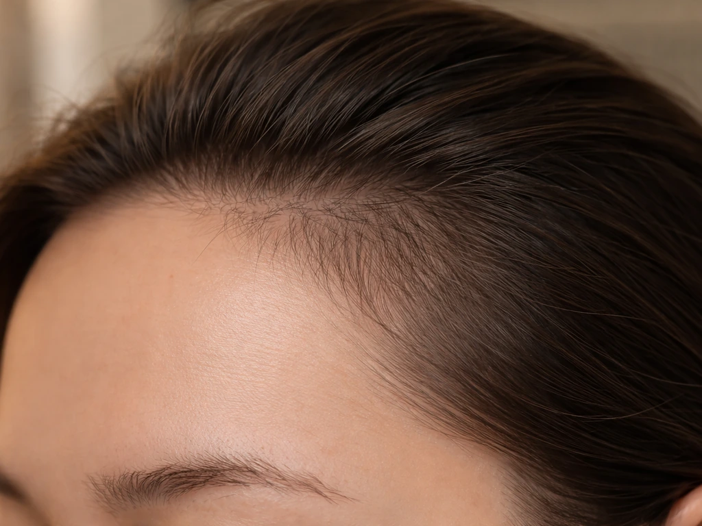 Minimal realistic photo showing a close-up of scalp and hairline to suggest hair regrowth timelines at temples.