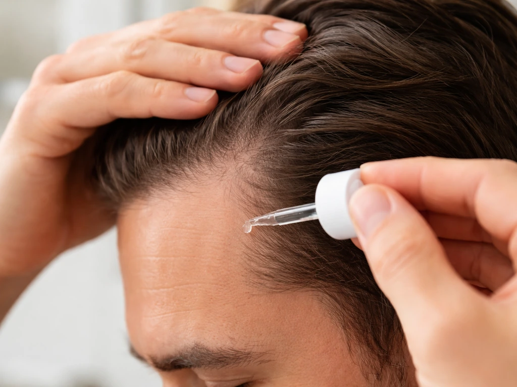 Close-up of hands applying minoxidil to the temple line on dry scalp with a dropper, clean and precise