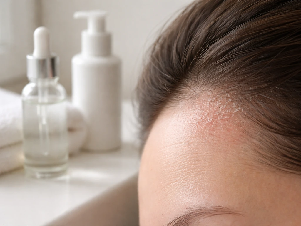 Close-up of temple scalp with visible flaking and soothing anti-dandruff care items nearby.