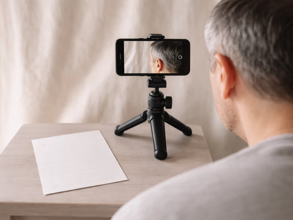Phone on tripod taking a consistent side-temple progress photo with a simple schedule card nearby