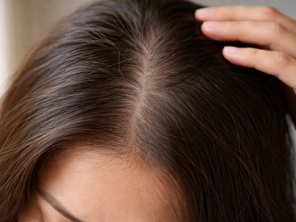 Close-up of thinning hair at the scalp showing a visible part line and natural hair texture.