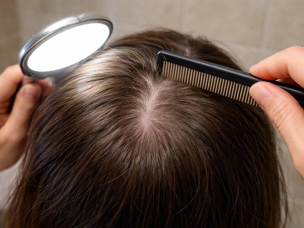 Close-up of a person’s scalp being inspected under bright light with a comb near the crown.