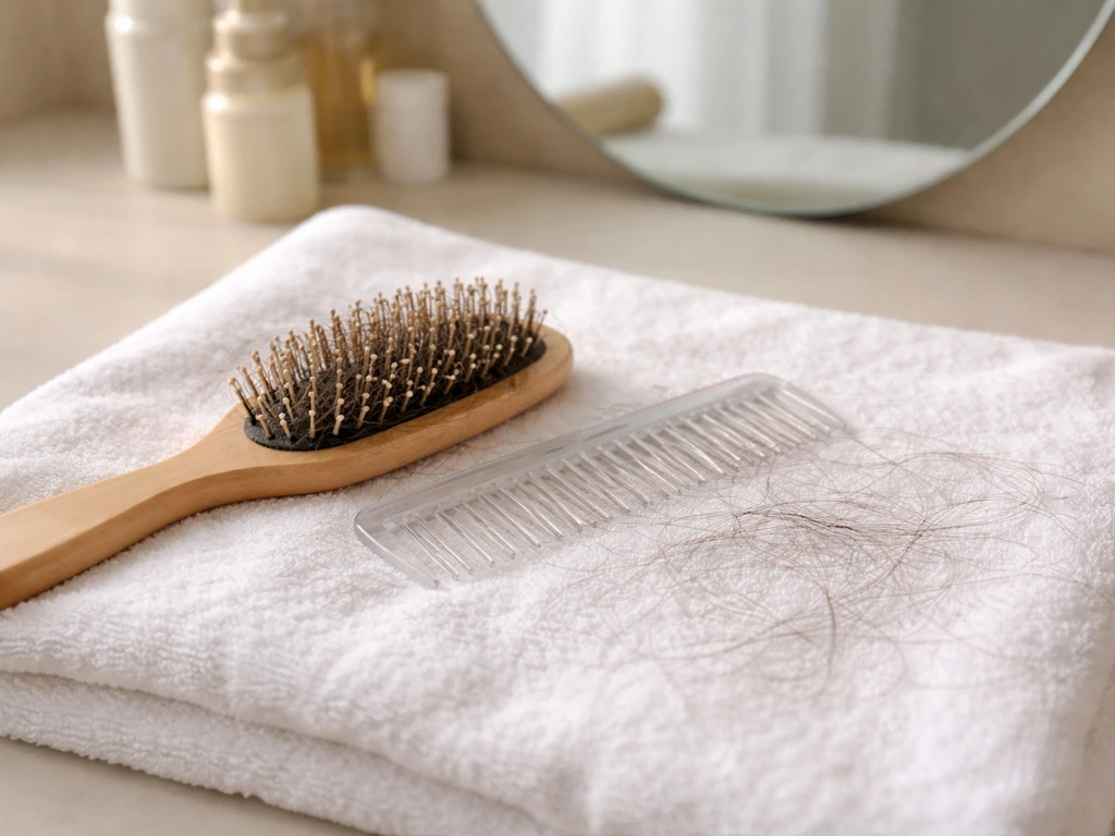 Hairbrush and comb on a bathroom towel with visible loose hair strands after washing.
