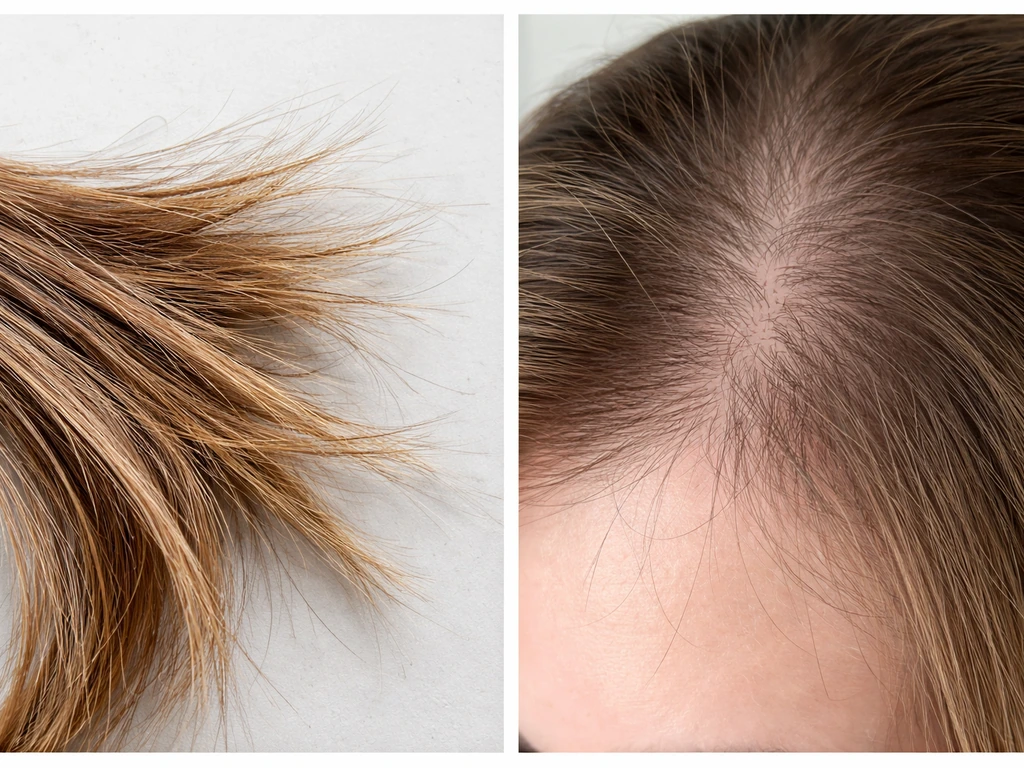 Left: broken hair ends. Right: scalp close-up showing reduced hair density from true shedding.