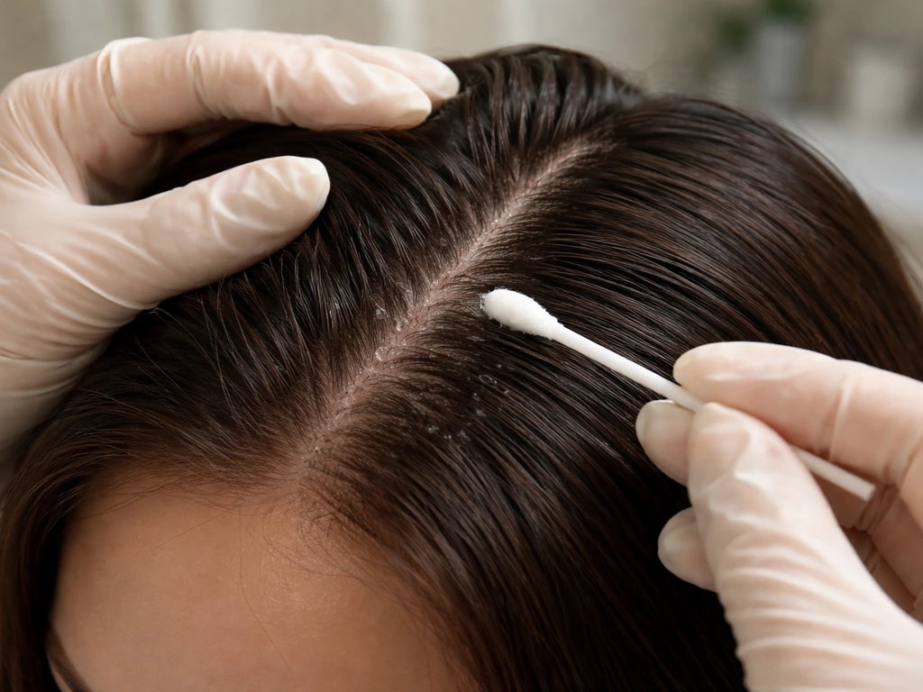 Hands in gloves apply minoxidil-style serum to a scalp along part lines with a cotton applicator.