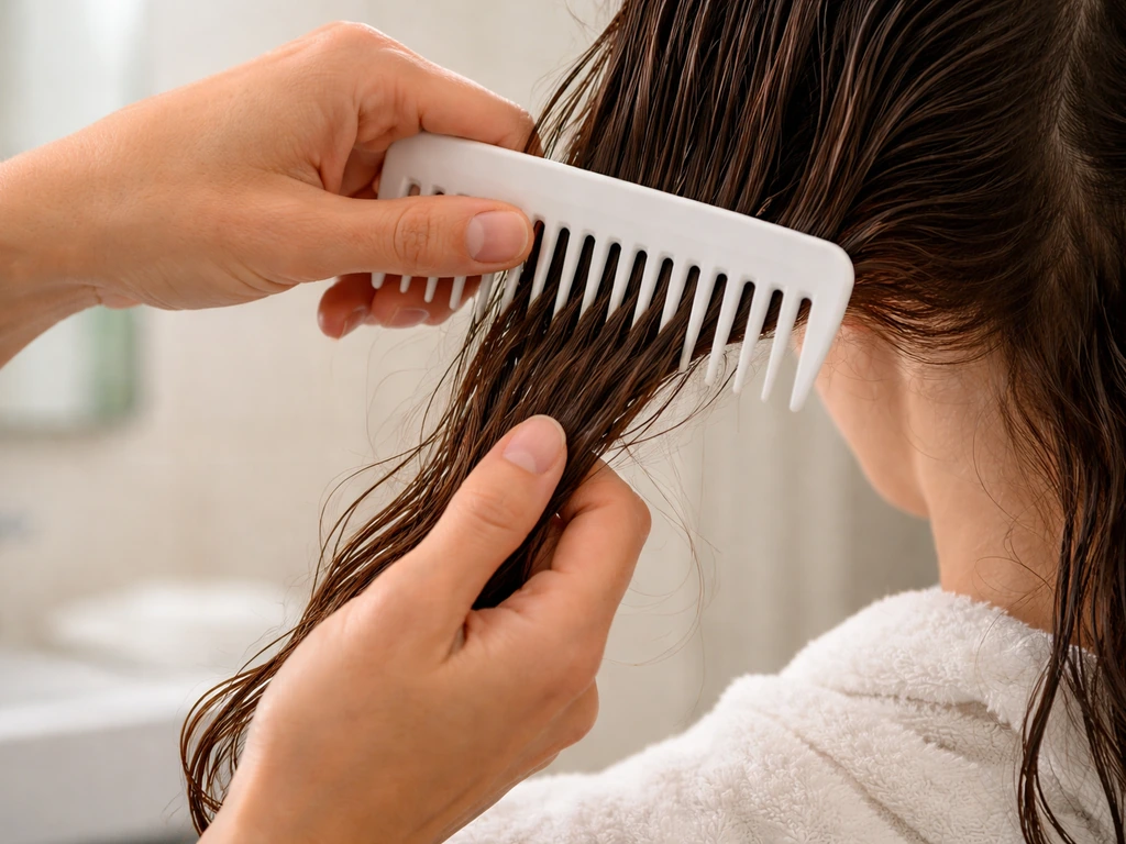 Hands detangle slightly damp, sectioned hair with a wide-tooth comb from ends upward.