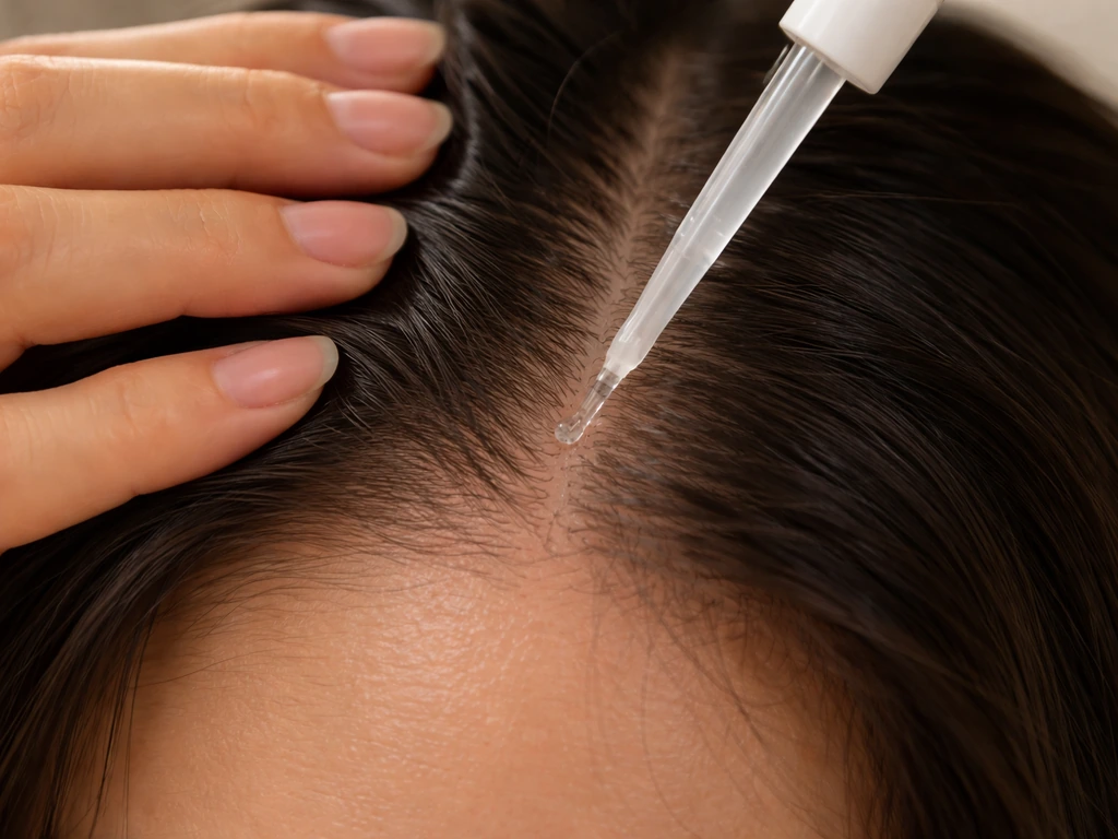 Close-up of scalp with a gentle applicator applying treatment for healthy hair growth