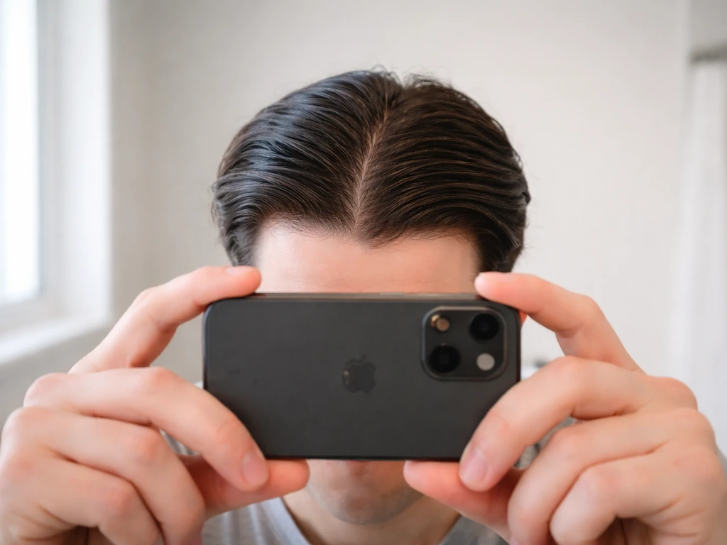 Anonymous person holding a phone to photograph their hairline and part in consistent mirror lighting.