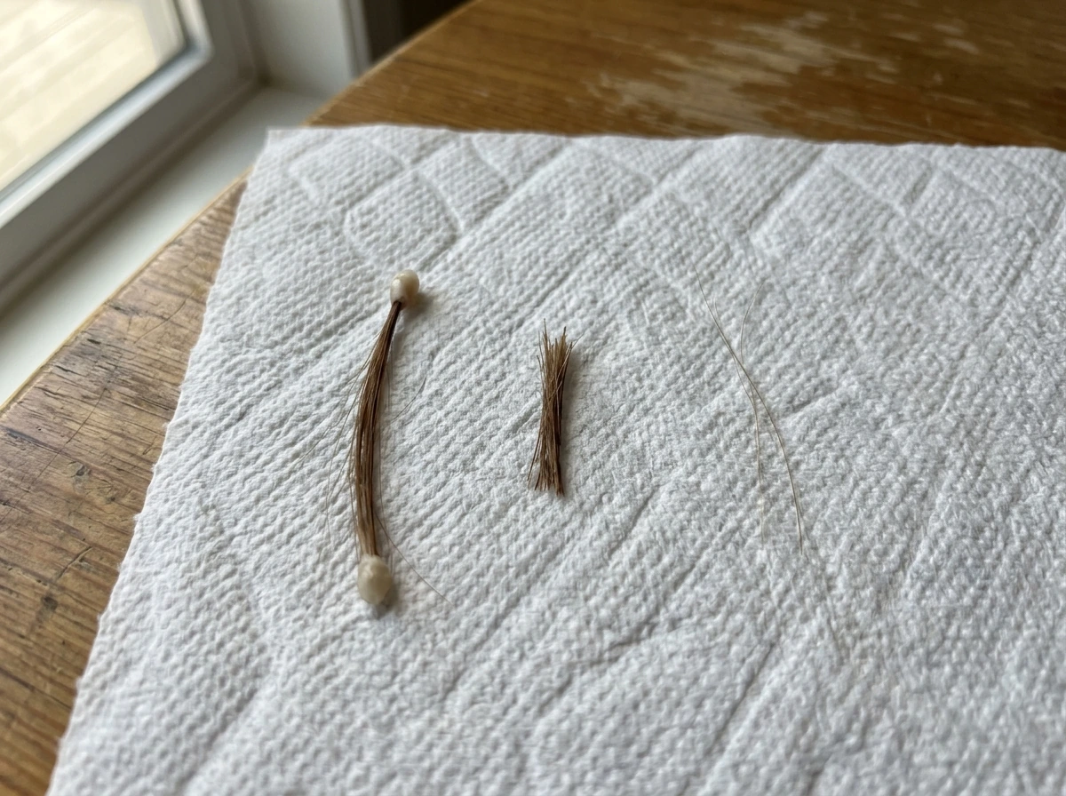 Hair examples showing shedding strand root bulb vs breakage fragments and thinning context.