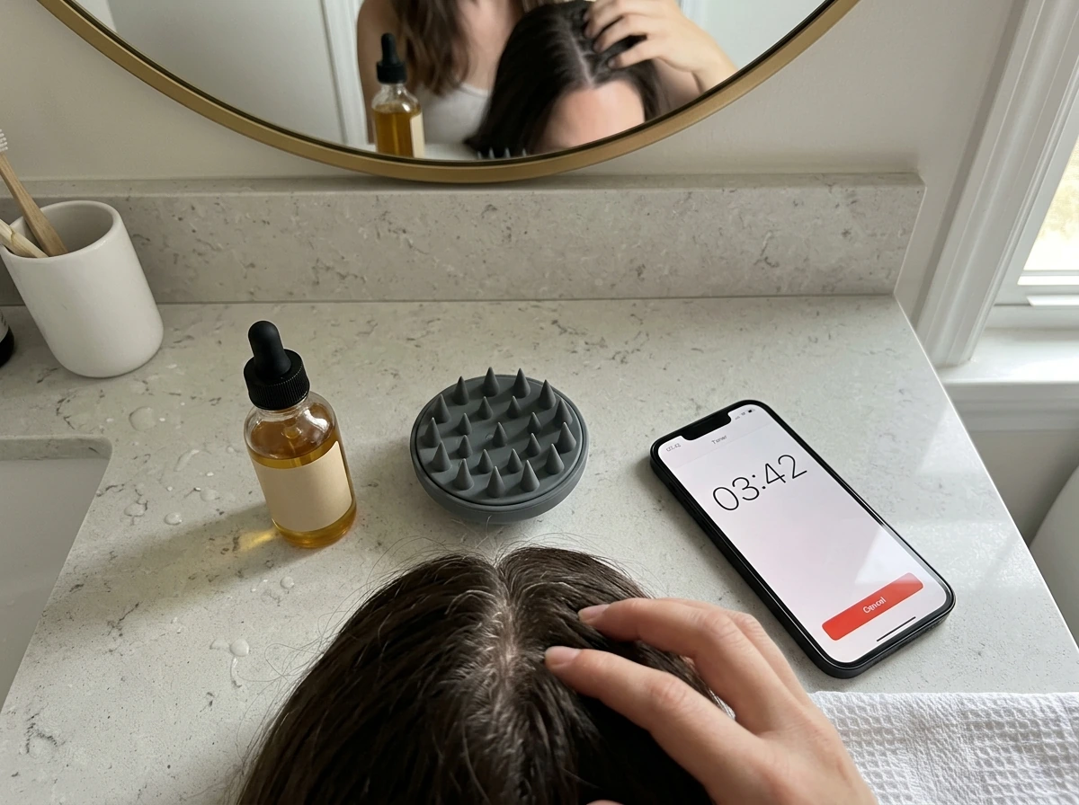 Scalp massage setup with oil dropper and fingertips to support hair growth.