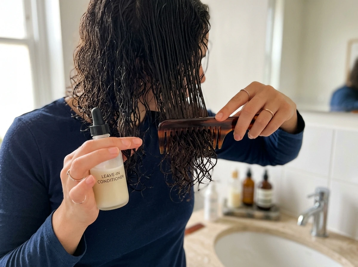 Gently detangling wet hair with conditioner using a wide-tooth comb.