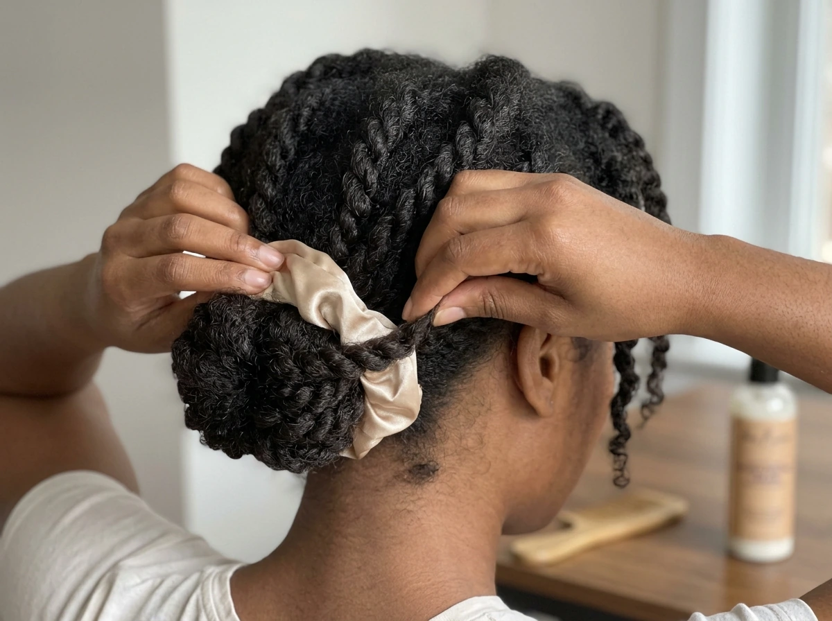 Protective loose twists/bun tucking ends away to prevent breakage.