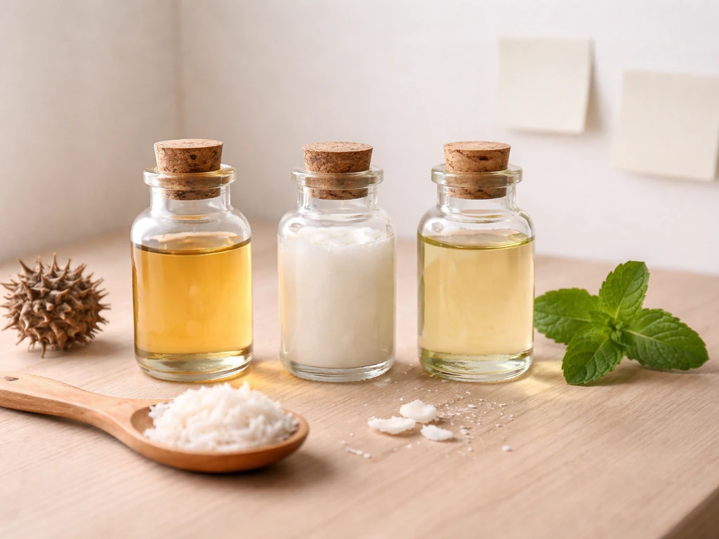 Top-down view of castor, coconut, and peppermint oil bottles with plant sprigs on a wooden table.