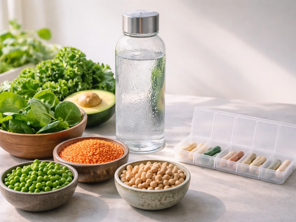 Minimal still life of water bottle, legumes and greens, and a plain supplement organizer for hair health