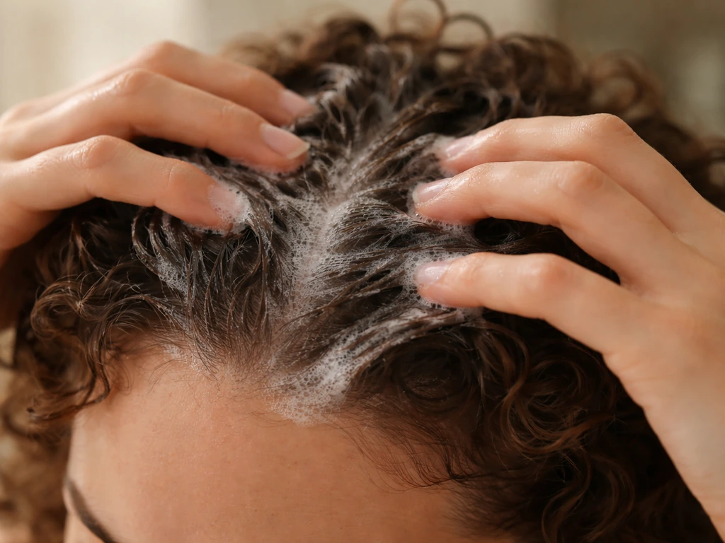 Close-up of shampoo applied to a person’s scalp, fingertips gently massaging curly hair at the roots