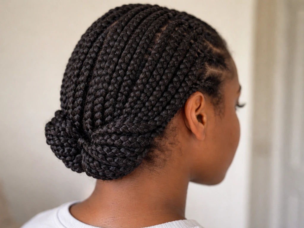 Close-up of neatly styled braids with ends tucked in to protect hair and support length retention.