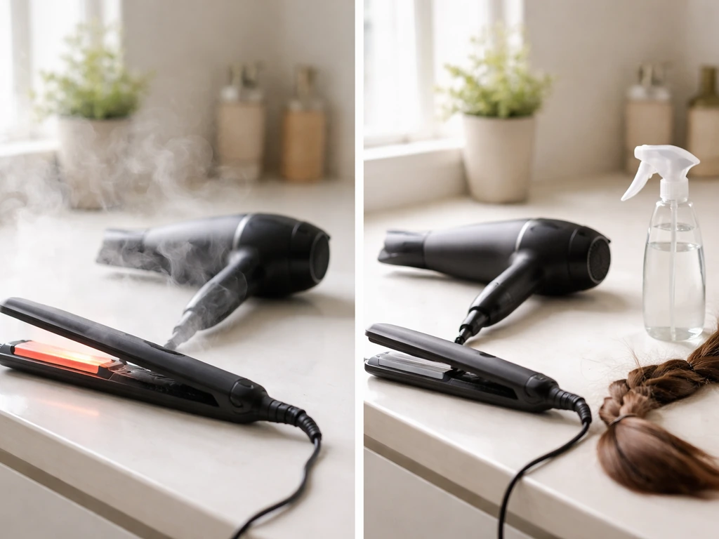 Left: hot flat iron and blow dryer with steam; right: low-heat hair setup with neat twists and protectant.
