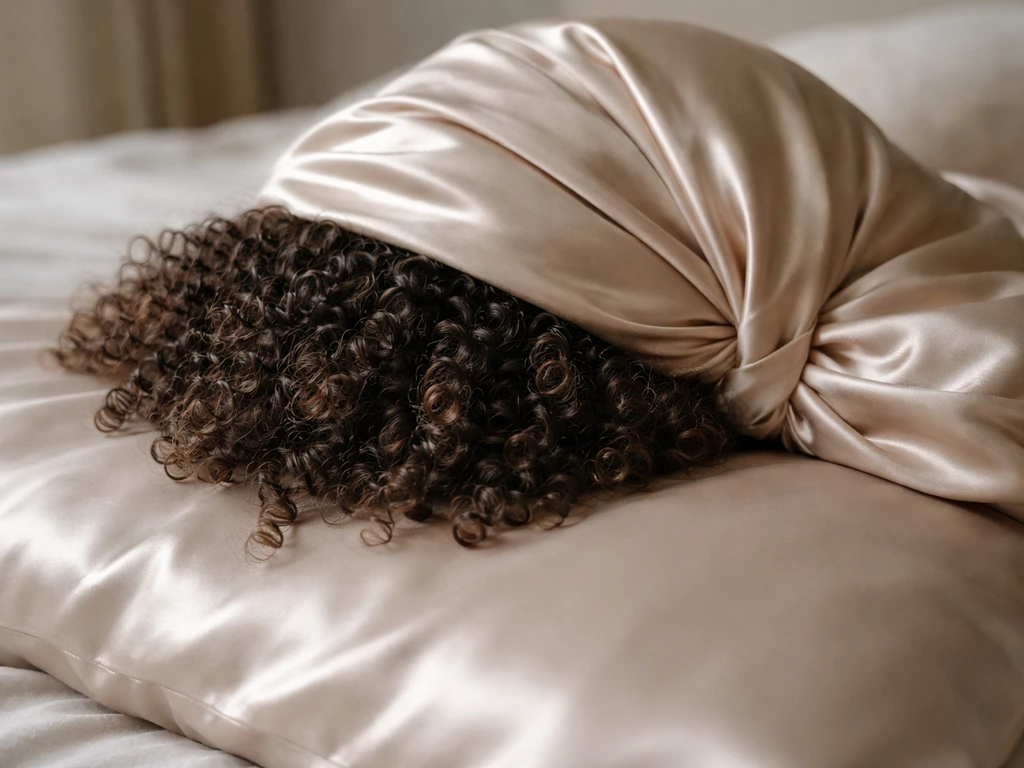Curly hair tucked under a satin scarf on a bed with a smooth silk pillowcase
