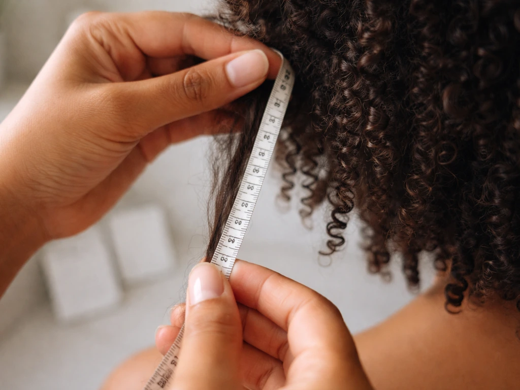 Hands stretching a curl section straight while measuring root-to-ends with a soft tape measure.