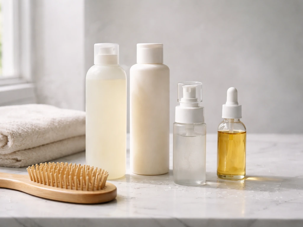 Bathroom counter with unlabeled shampoo, conditioner, scalp serum, and oil beside a brush and towel.