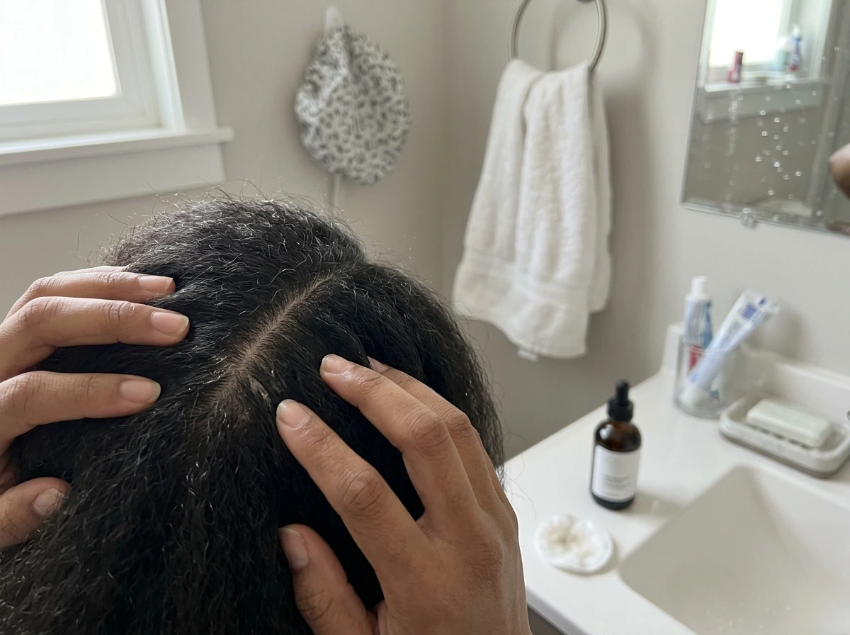 Fingertip scalp massage with product applied to parted hair.