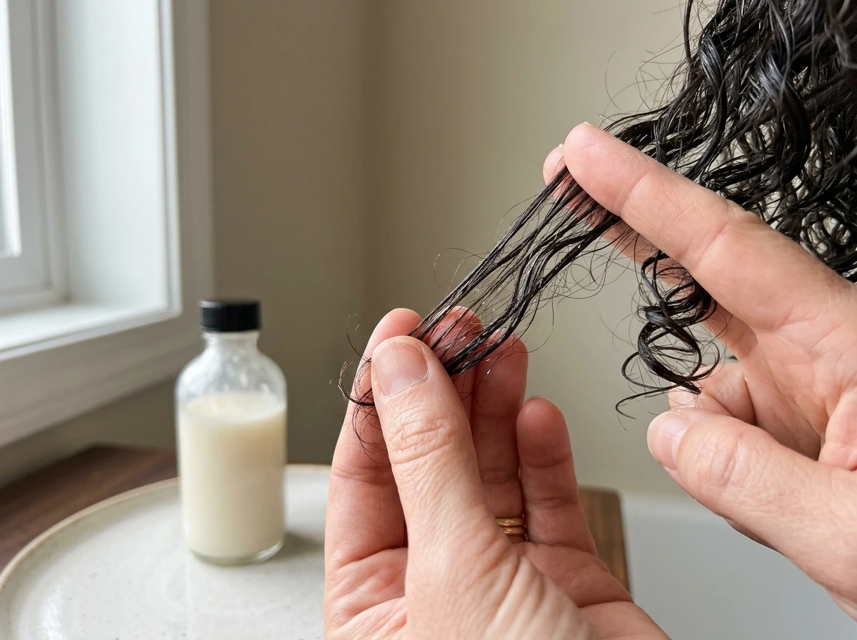 Moisturized hair showing flexibility and reduced dryness from hydration.