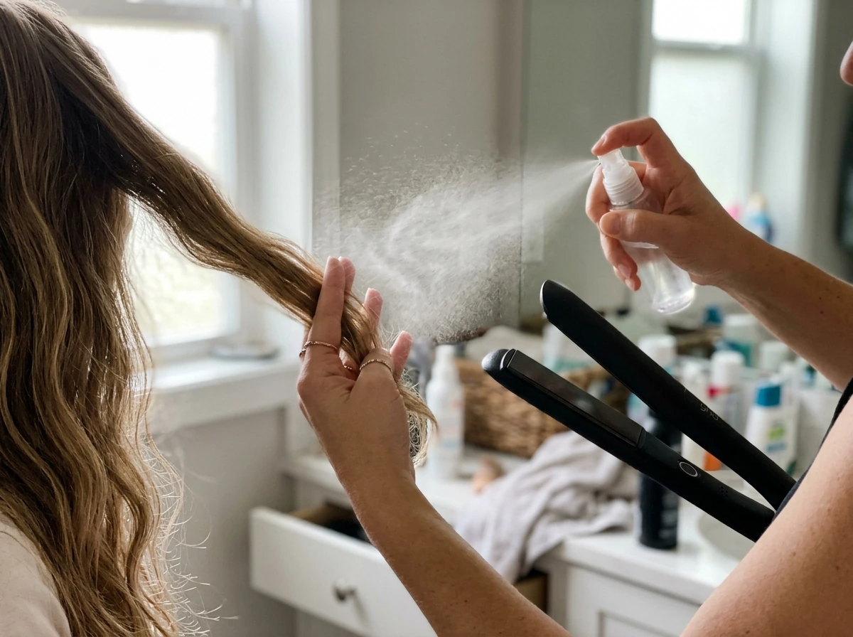 Heat protectant mist applied before using a flat iron on a hair section.