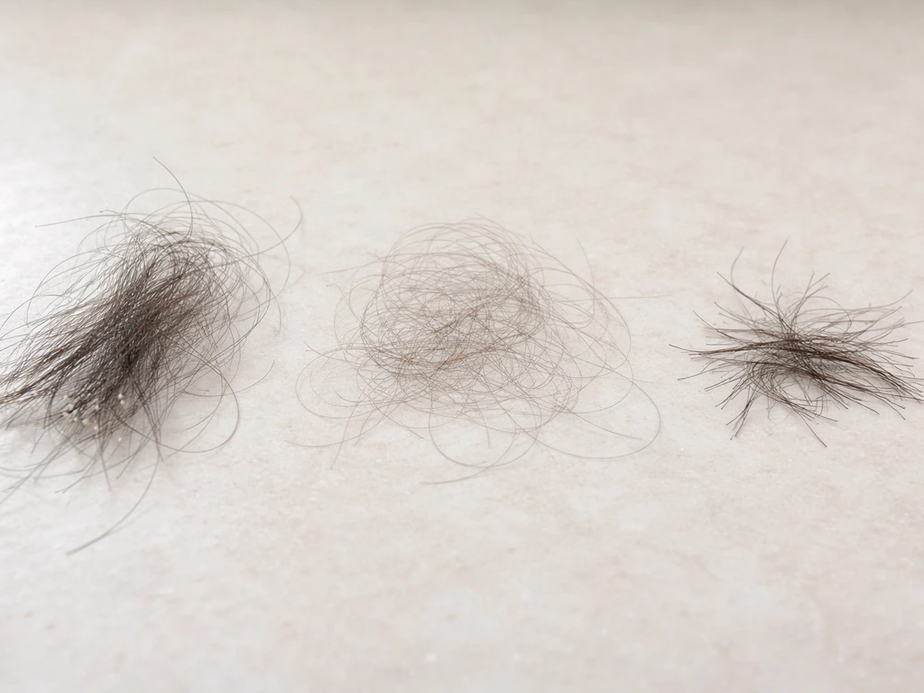 Three hair clusters showing shedding bulbs, thinning miniaturized strands, and snapped frayed breakage ends.