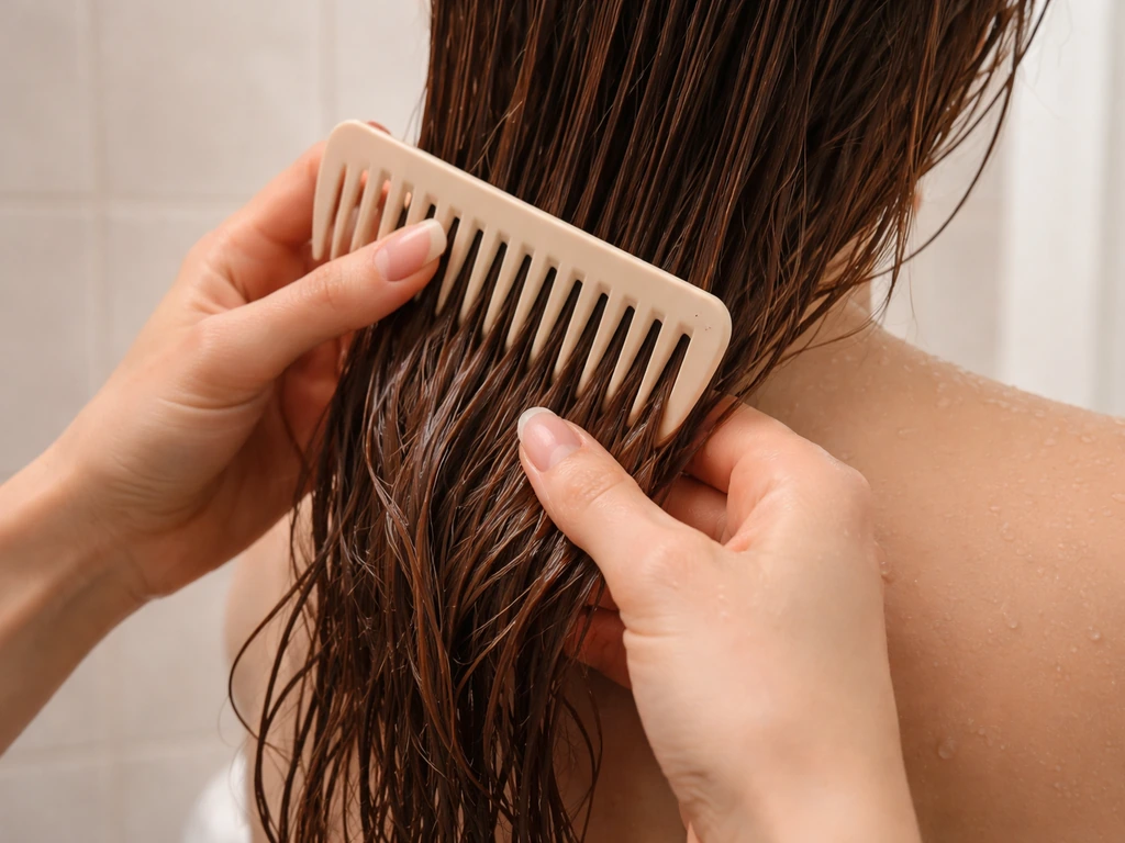 Close-up of wet hair detangling: wide-tooth comb from ends upward with fingers supporting the strands.