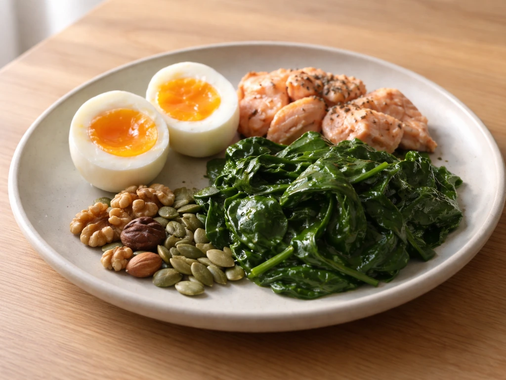 Balanced plate with eggs, salmon, leafy greens, nuts, and seeds to support follicle nutrition.