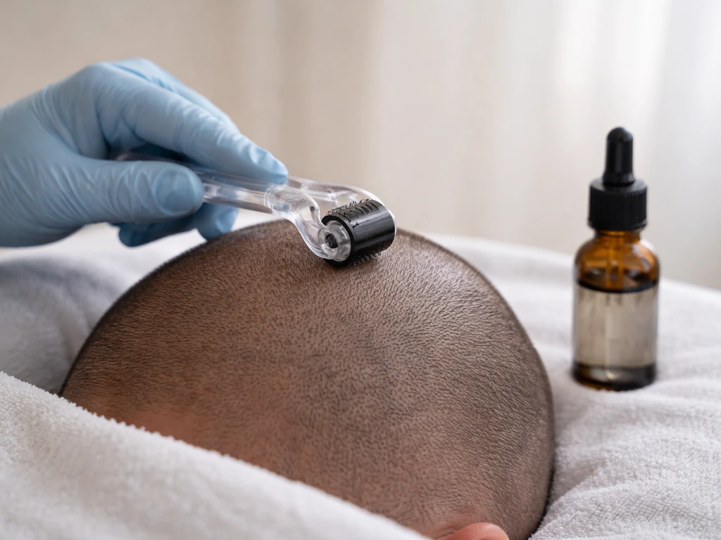 Close-up of a microneedling dermaroller on a scalp with a dropper beside it on a clean towel.