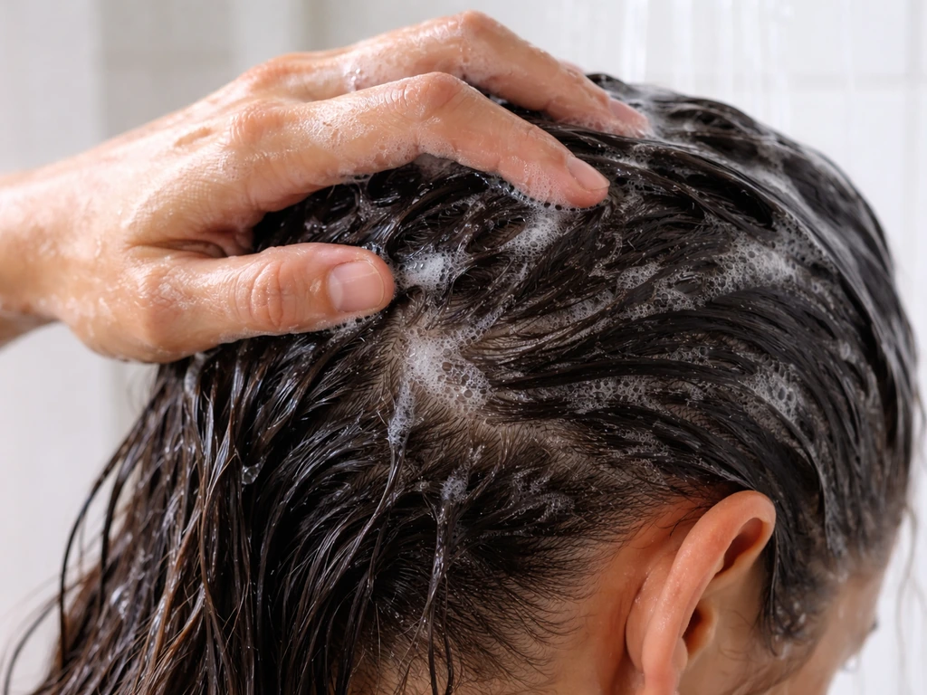 Close-up of a hand gently massaging a wet scalp while shampoo rinses away buildup