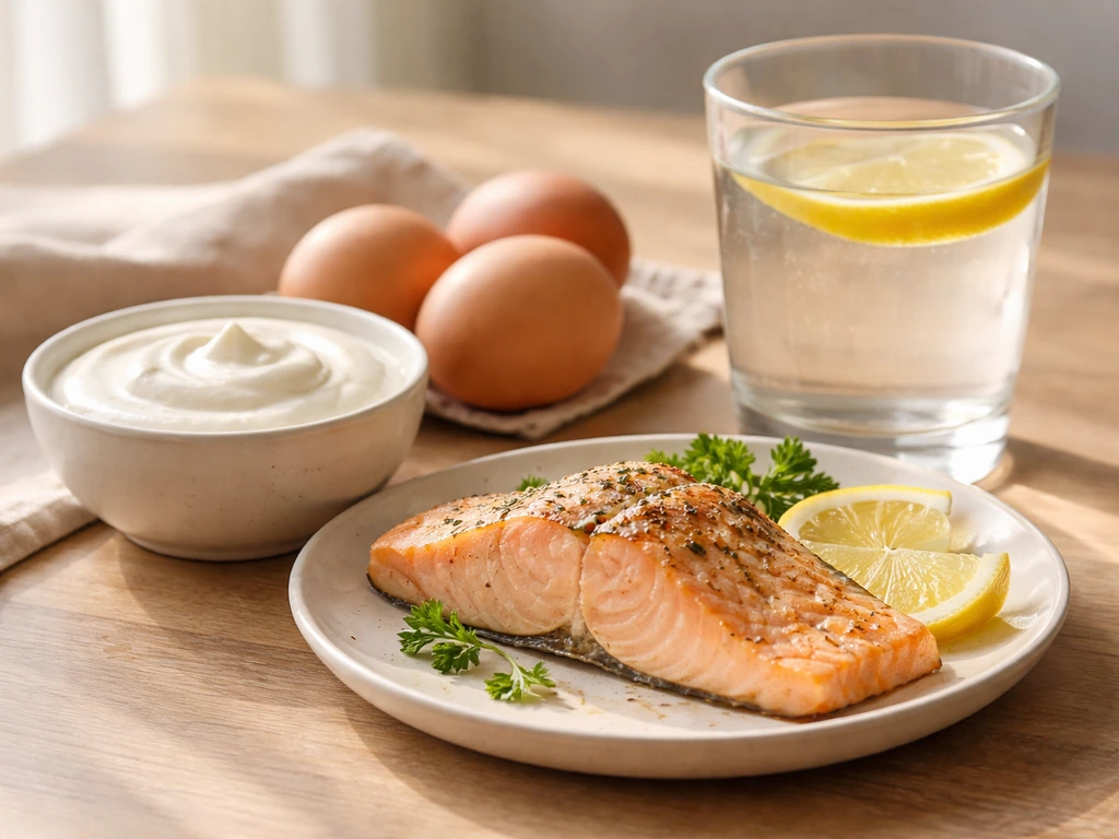 High-protein foods—Greek yogurt, eggs, salmon, and water with lemon—on a simple wooden table.