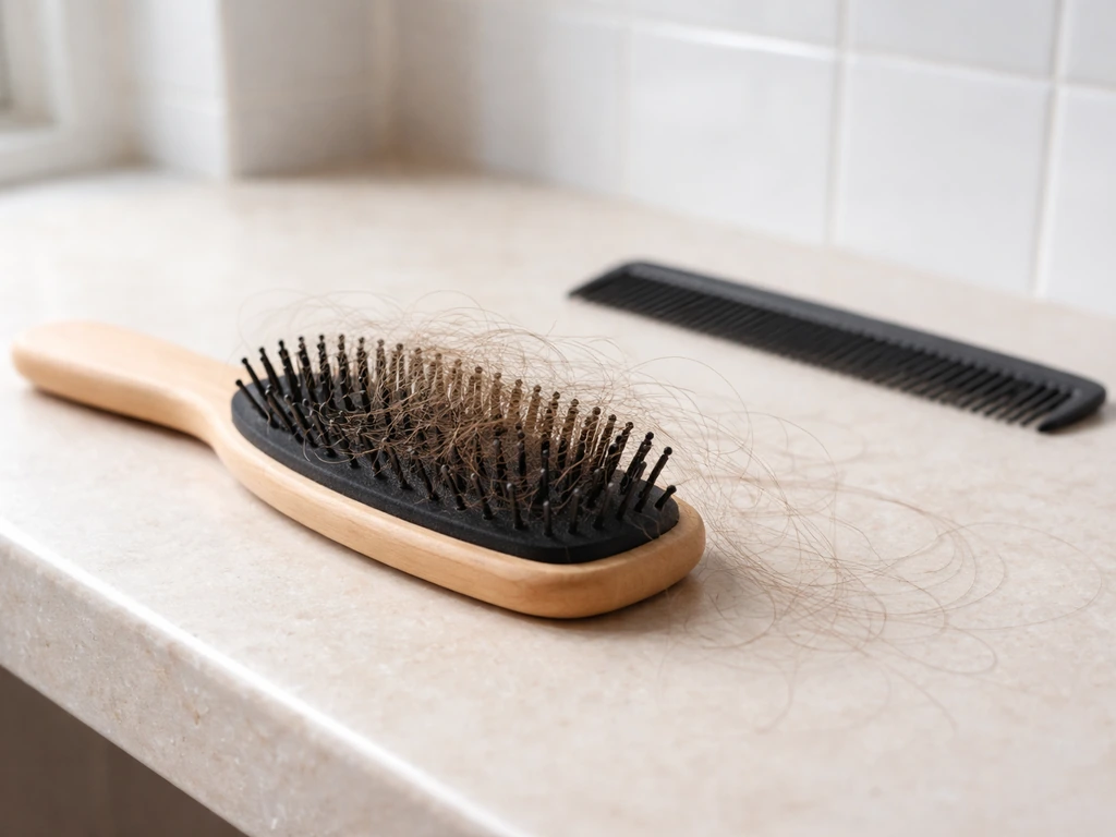 Minimal bathroom scene showing a hairbrush with loose hair and a separate empty comb on a light counter.