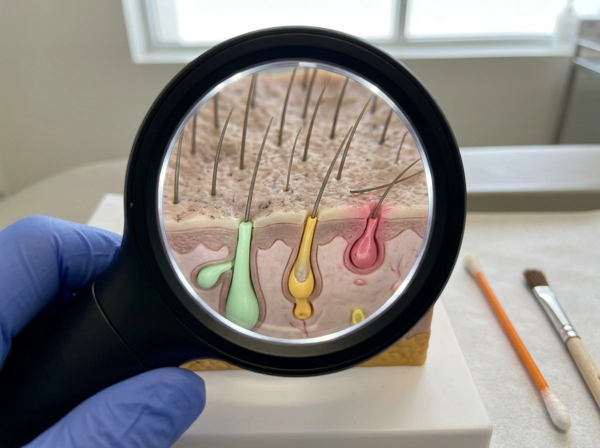 Dermatoscope closeup of scalp model showing hair-follicle growth cycle stages