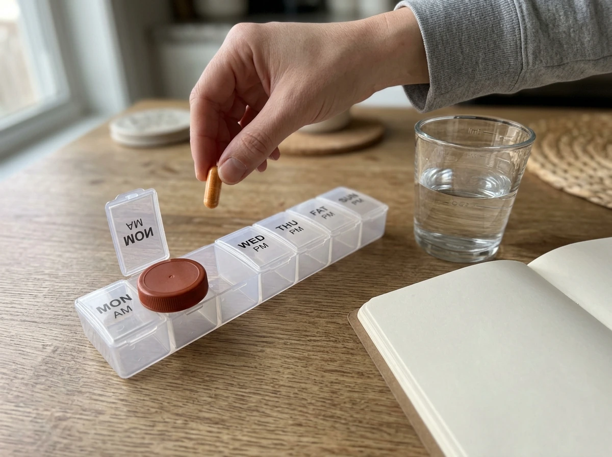 Supplement capsule above a weekly organizer next to a water cup