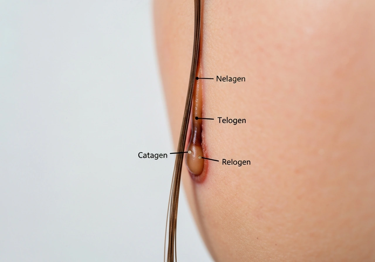 Macro view of one hair follicle showing anagen, catagen, and telogen stages along a single strand.