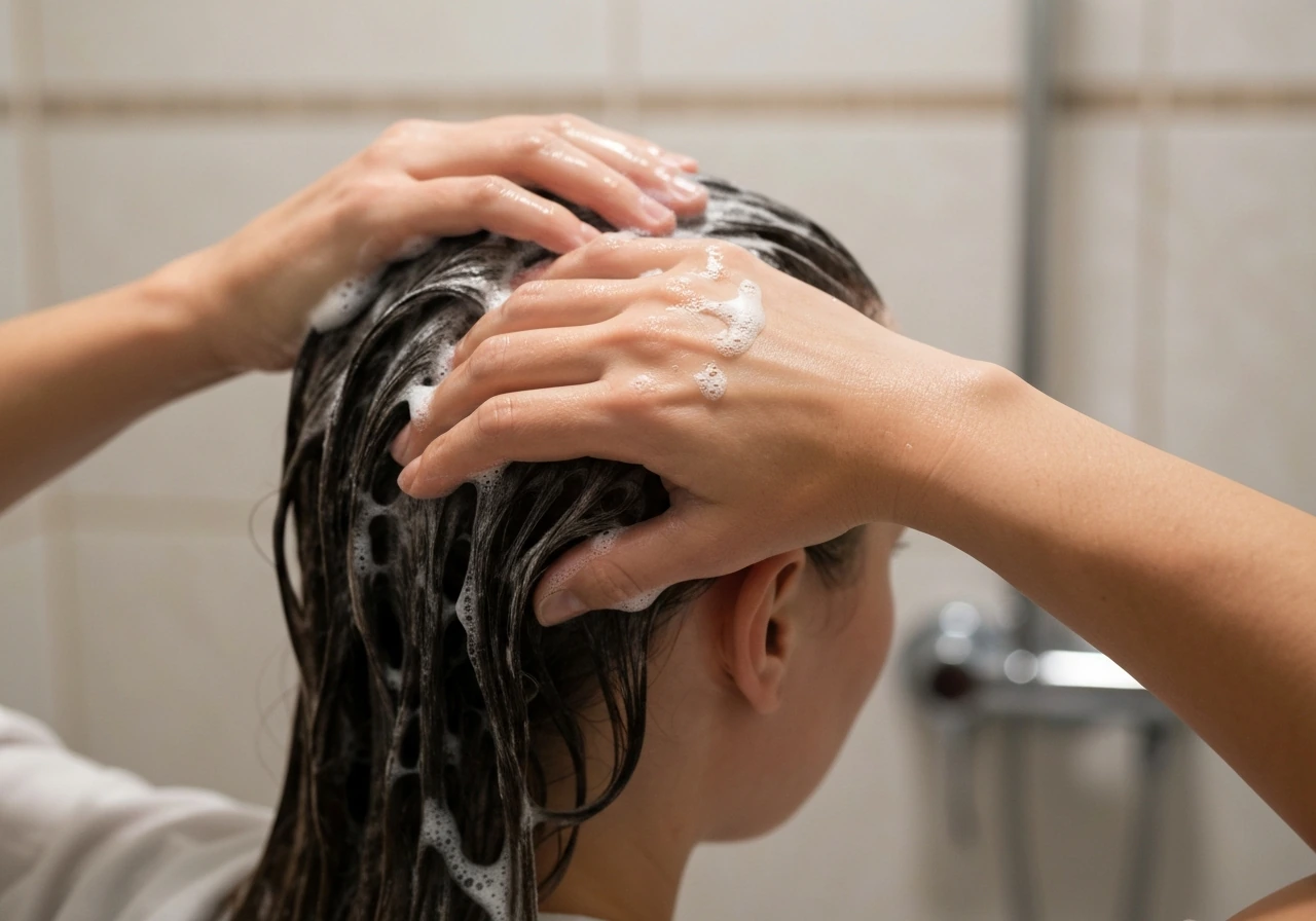 Close-up of hands gently massaging shampoo into the scalp while washing long hair in a shower.