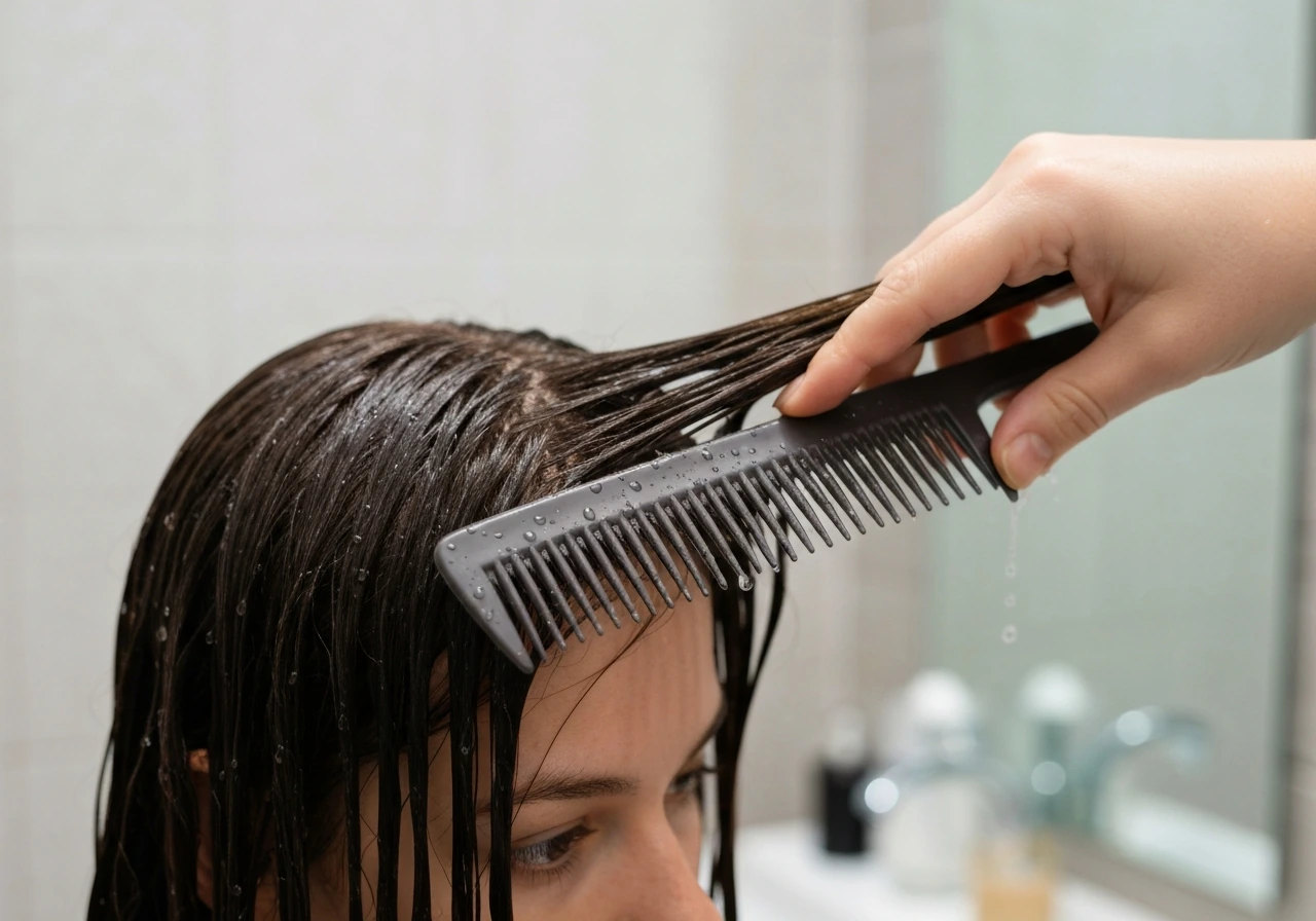 Wide-tooth comb gently detangling wet hair from the ends upward in a simple bathroom setting.