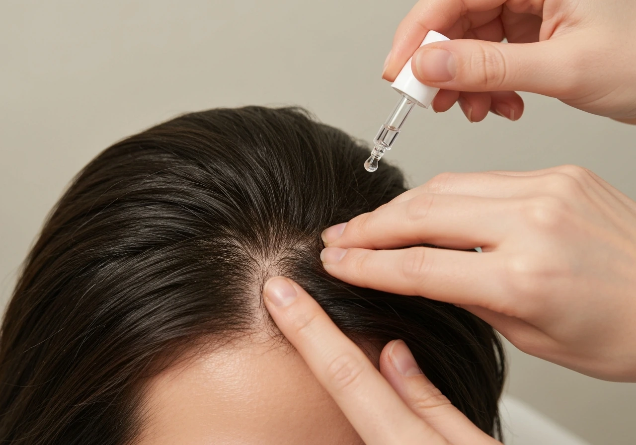 Close-up of fingertips applying clear serum and gently massaging a parted, healthy scalp section.